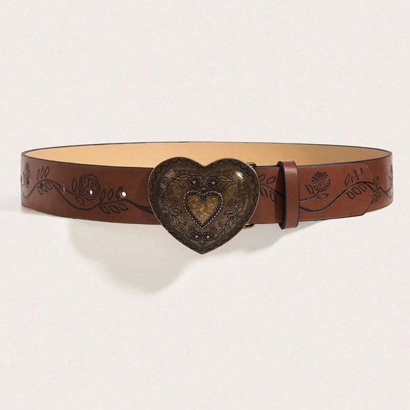 Boho Vegan Leather Floral Etched Heart Buckle Belt - Picture 3 of 5